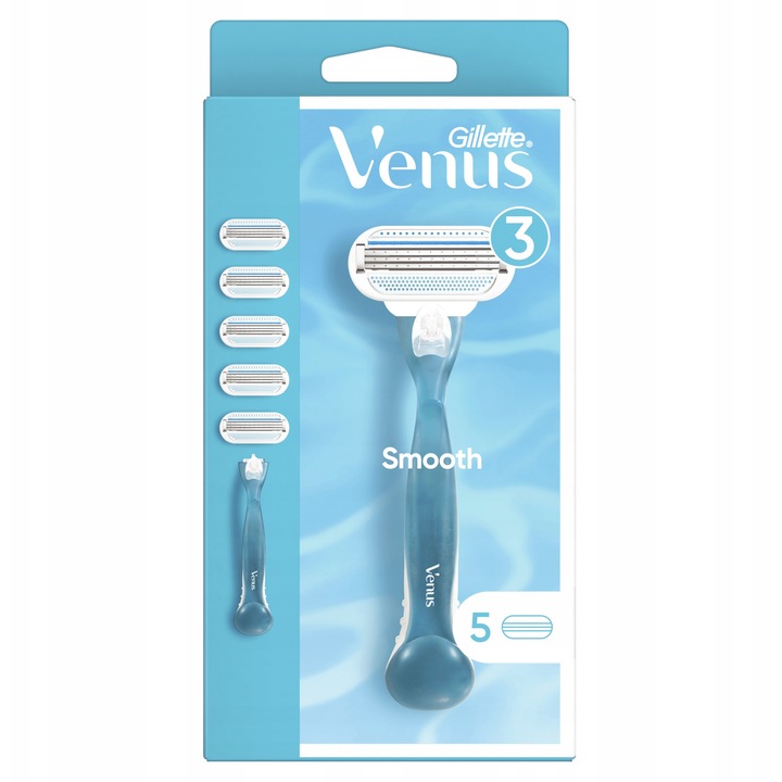 Aparat de ras Gillette Venus Smooth, 5 lame, ergonomic, culoare albastra