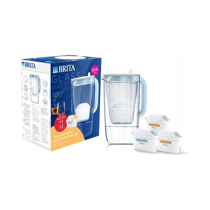 Set dzbanek filtrant Brita Glass 2,5 l, 1x MAXTRA PRO Pure Performance, 2x MAXTRA PRO Hard Water, albastru