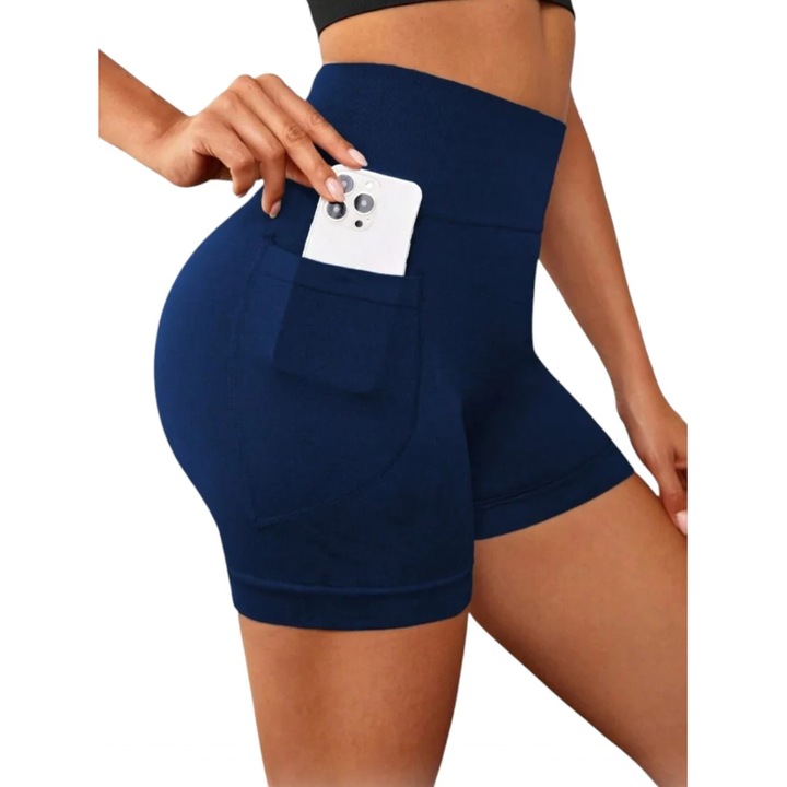 Női sport rövidnadrág, magas derék, push-up hatás, tengerészkék, M-es méret