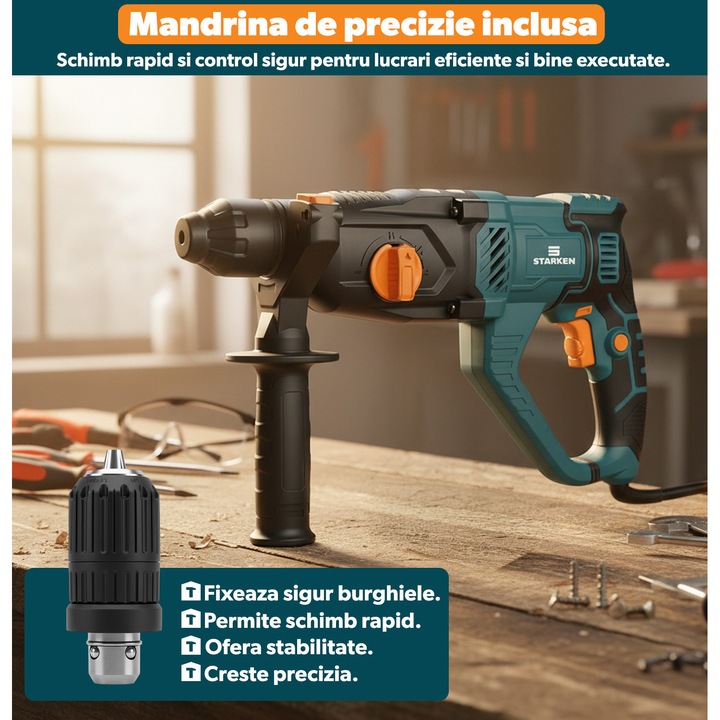 Ciocan Rotopercutor STARKEN® RXT-610, 1050W, 3J, SDS Plus, 4 Functii (Gaurire, Percutie, Daltuire Rotativa si Daltuire), 1150 RPM, Viteza Variabila, Mandrina Interschimbabila, Valiza Transport, Maner, Spit si Burghie Incluse, Ideal Beton, Zidarie si Lemn