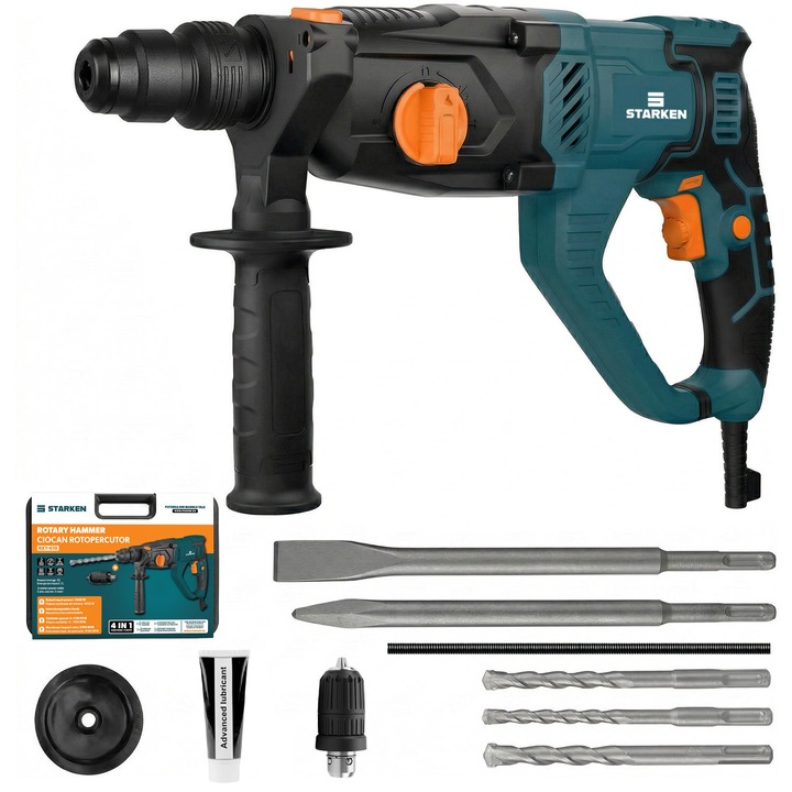 Ciocan Rotopercutor STARKEN® RXT-610, 1050W, 3J, SDS Plus, 4 Functii (Gaurire, Percutie, Daltuire Rotativa si Daltuire), 1150 RPM, Viteza Variabila, Mandrina Interschimbabila, Valiza Transport, Maner, Spit si Burghie Incluse, Ideal Beton, Zidarie si Lemn