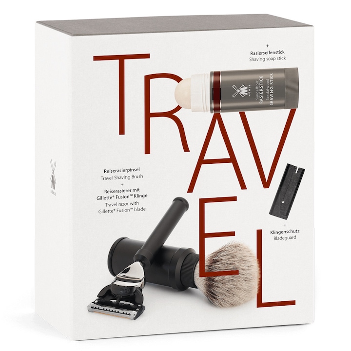 Set de bărbierit pentru călătorii Muehle, aparatul de ras cu 5 lame, aluminiu anodizat negru, pamatuf Silvertip Fibre, sapun de ras Sandalwood