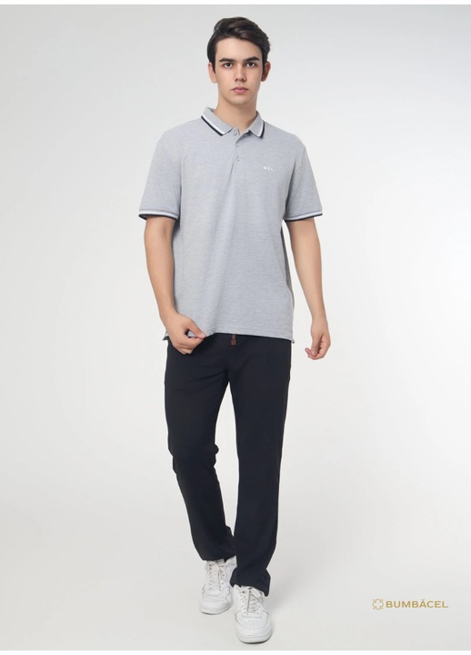 Tricou polo din bumbac pentru barbati cu maneca scurta si guler cu imprimeu si cu nasturi, Gri