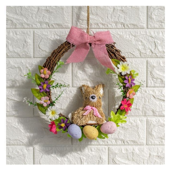 Coronita Decorativa de Paste cu Oua Flori Iepuras Funda Bej 25cm