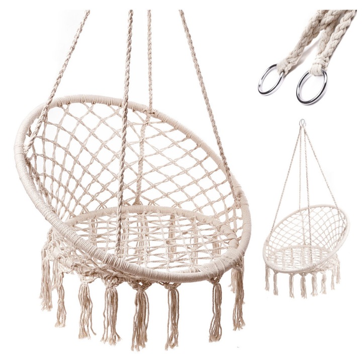 Leagan suspendat rotund Luaro, franjuri, 150kg, ecru