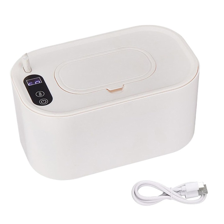 Incalzitor servetele umede pentru bebelusi, asskanaer, Cutie depozitare pachet servetele, Cu cablu USB, Capacitate mare, 5 niveluri de temperatura 40-60°C, Portabil, Functionare silentioasa, PP/ABS, 200*115*100mm, Alb