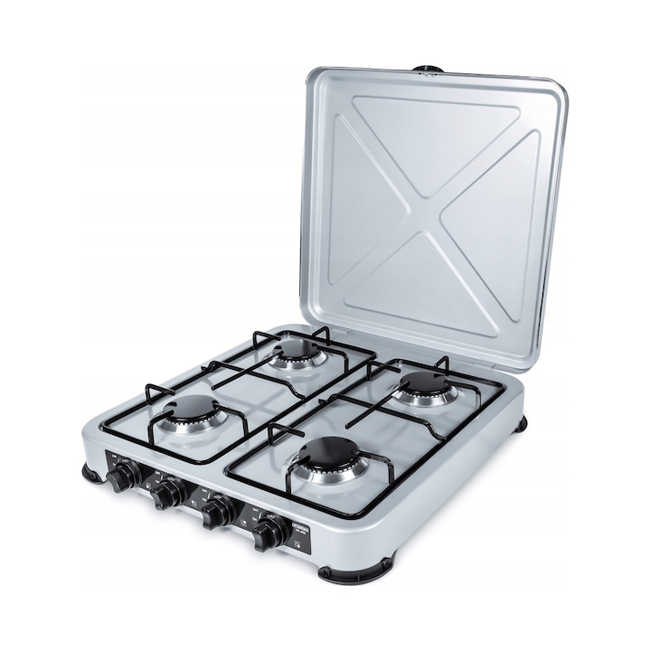 Aragaz portabil, Promis KG400S, 4 arzatoare, argintiu, 50x11x50cm