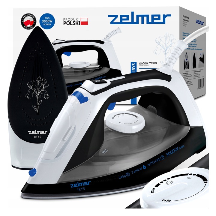 Fier de calcat cu abur Zelmer ZIR3100 Irys 3000W, ceramica, 35g/min, negru, 400ml