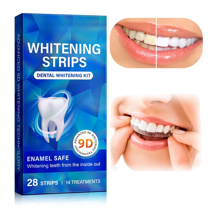 Benzi Profesionale Binovation® pentru Albirea Dintilor Premium Whitening Strips, Tehnologie Profesionala, Albire Rapida si Uniforma, Indepartare Petelor, Zambet Alb Natural, Set 28 Bucati