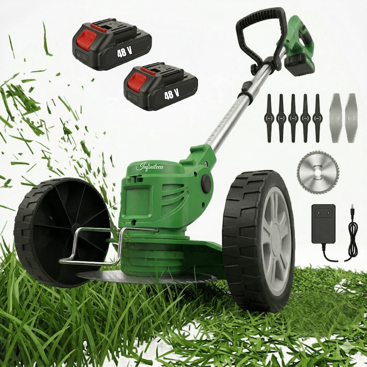 Motocoasa Electrica Fara Fir Infiniteea™️, Putere 1880W, Autonomie 2 Acumulatori 48V, Viteza 18.000 RPM, 10 Accesorii: Lame Metal, Plastic, Disc Ferastrau, Tija Reglabila 90-120CM, Cap Pivotant 90°, Roti Ghidaj incluse, Trimmer si Coasa pentru Gazon