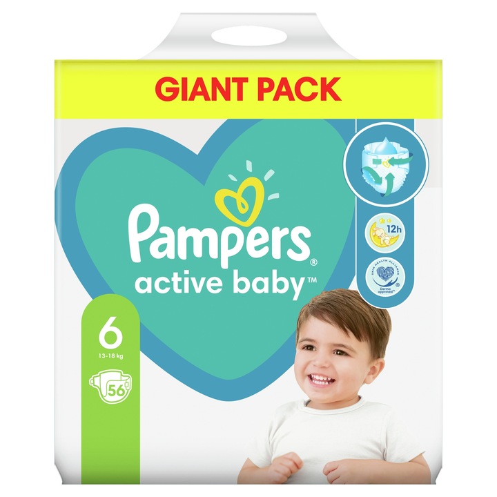 Scutece Pampers Active Baby 6 Extra Large, 56 buc, 13-18 kg, protectie impotriva scurgerilor, uscare rapida