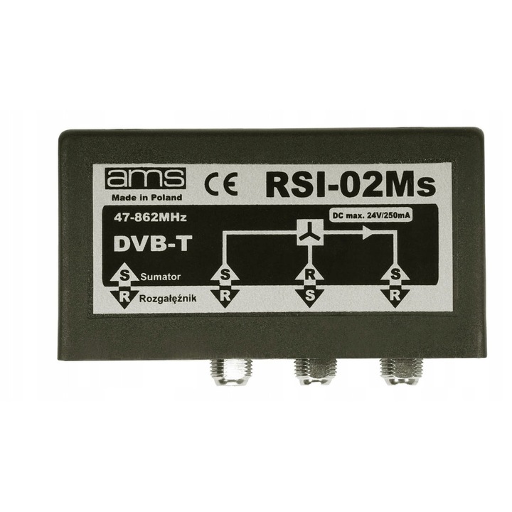 Külső összegző, RSI-02Ms, 1 bemenet, 2 kimenet, 75 Ohm, 87-862MHz, komplett készlet
