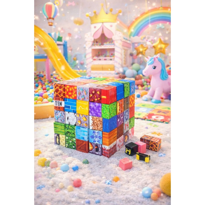 Set cuburi magnetice 3D pentru copii, joc creativ, blocuri colorate, multicolor, 3+ ani