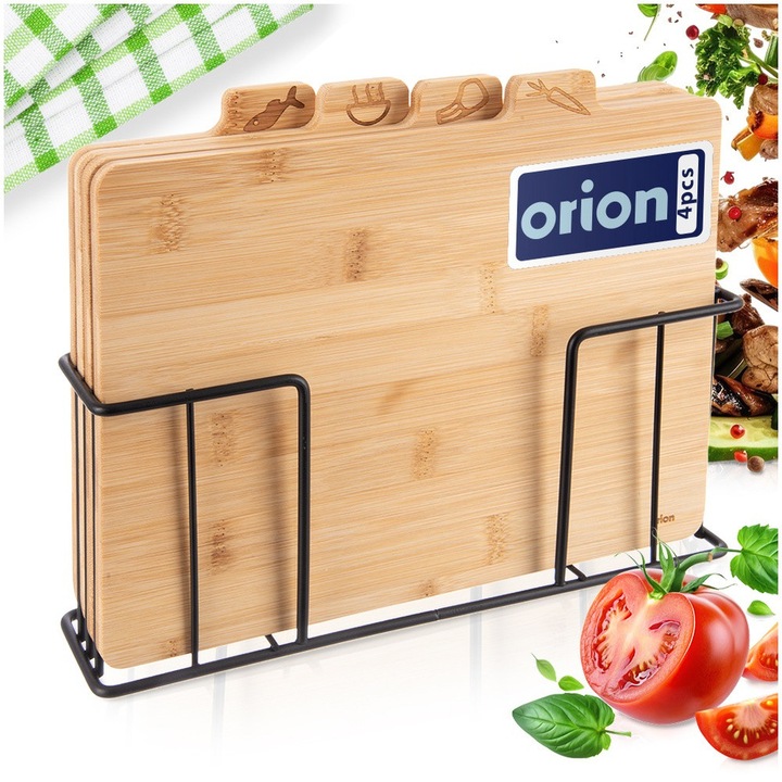 Set 4 Tocătoare Orion, Dreptunghi, Lemn de Bambus și Metal, Natur/Negru, 28x22x1 cm