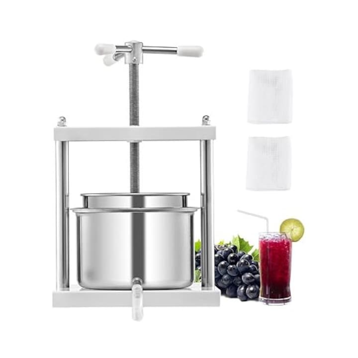 Presa manuală pentru fructe și vin, VEVOR, 5L, inox, maner triunghiular, cu 2 saci filtrare