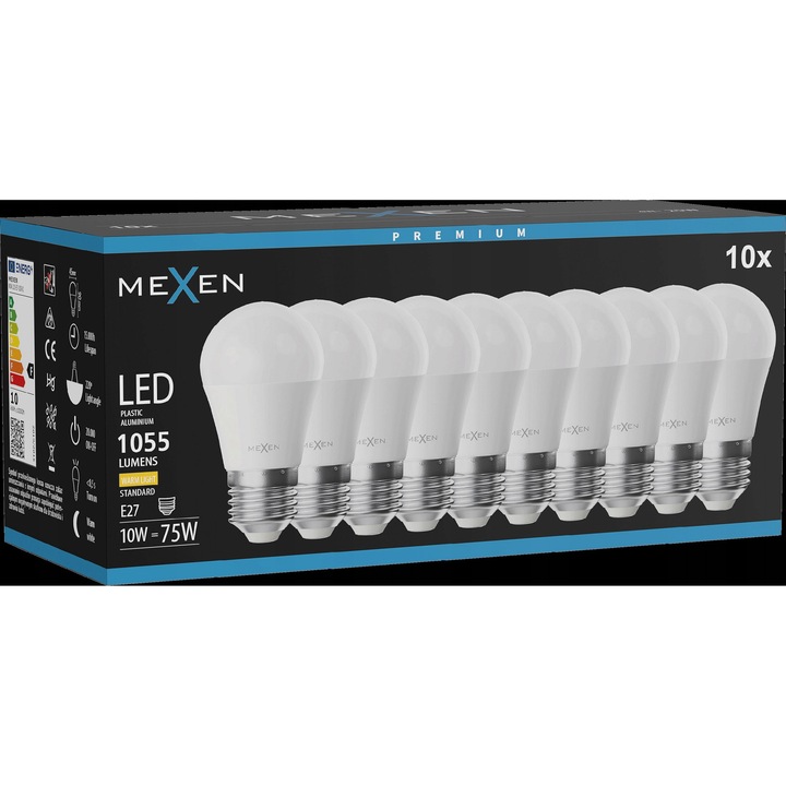 Becuri LED G45, 10W, 1055 lm, 3000K, set 10 bucati, Mexen