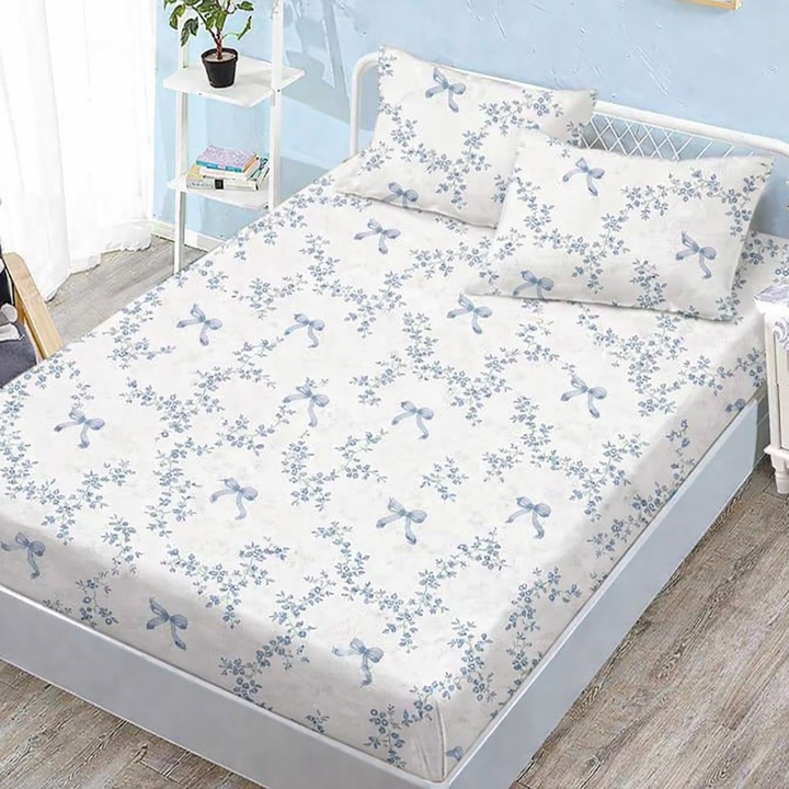 Set husa pat Finet Elegance cu 2 fete perne, 160x200 cm, albastru, imprimeu fundite si floricele