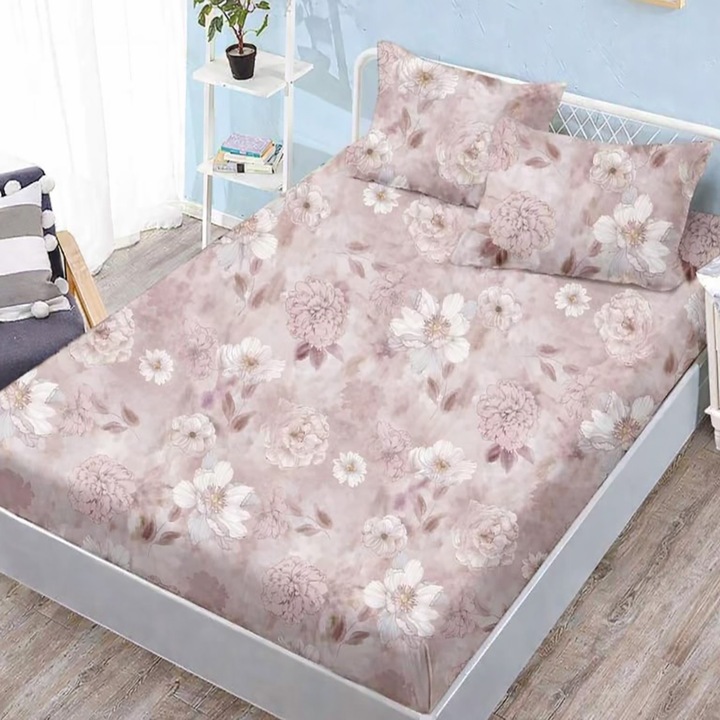 Set husa pat Finet Elegance + 2 fete perne, Bujori, Roz, 160x200cm