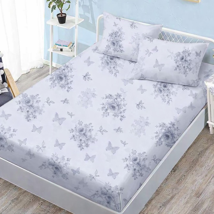 Set husa pat Finet Elegance 160x200 cm + 2 fete perne, Trandafiri si fluturi, Bleu Deschis