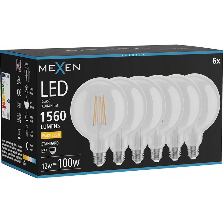 Becuri LED G125 E27 12W 2700K 1560 LM Clear, set 6 bucati