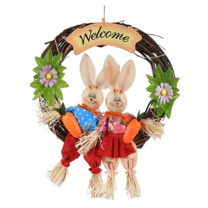 Coronita Suspendata de Paste "Welcome" cu 2 Iepurasi si Flori 32cm