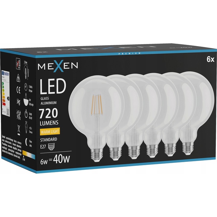 Bec LED Mexen Vintis E27 G125 6W 2700K 720LM clar