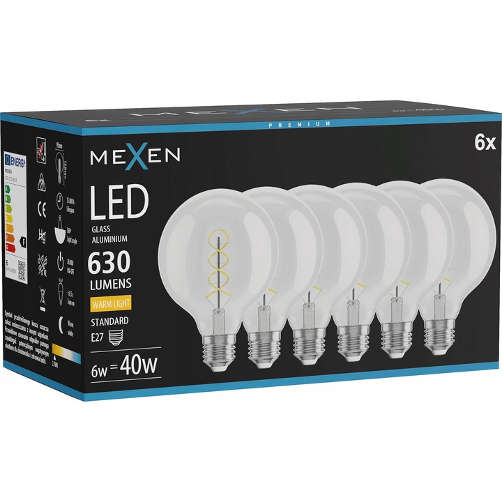 LED крушка Mexen Vintis E27 G95 6W 2700K 630 LM прозрачна