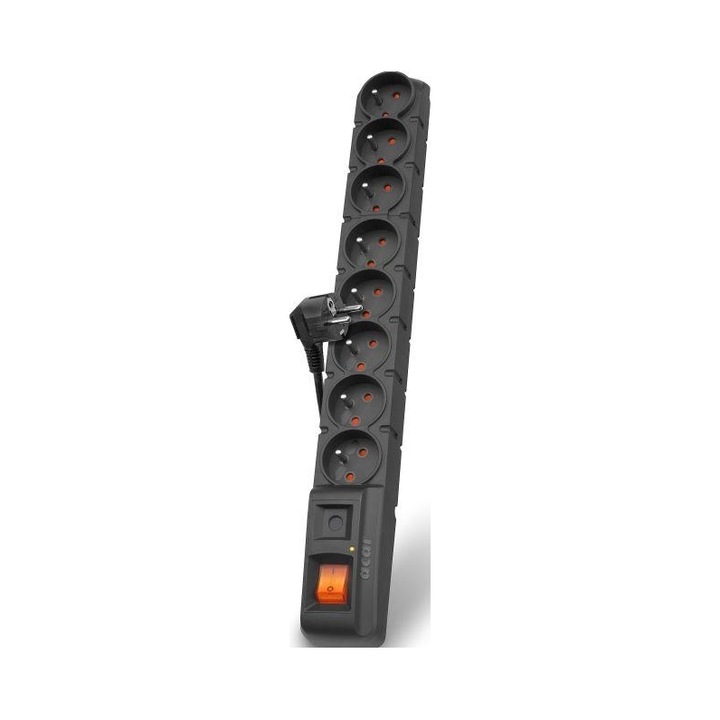 Разклонител Acar S8, 8 контакта, 5м, черен, 44.5x5.4x5.5см