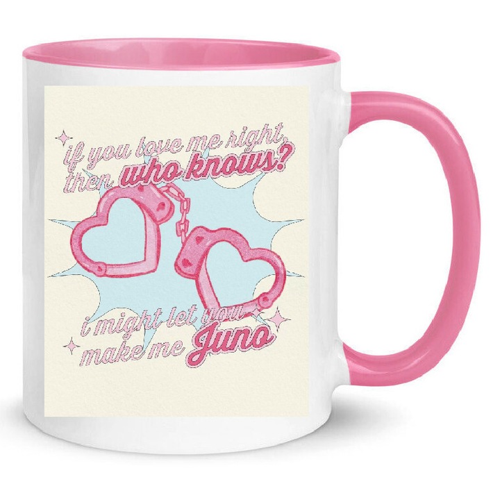 Cana ceramica 330ml Sabrina Carpenter no11, alb cu interior si maner roz, design modern, rezistent la spalare in masina