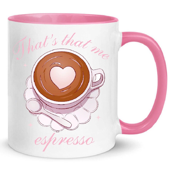 Cana ceramica 330ml Sabrina Carpenter no12, design "That's That Me Espresso", alb cu interior roz, rezistenta la masina de spalat, finisaj lucios