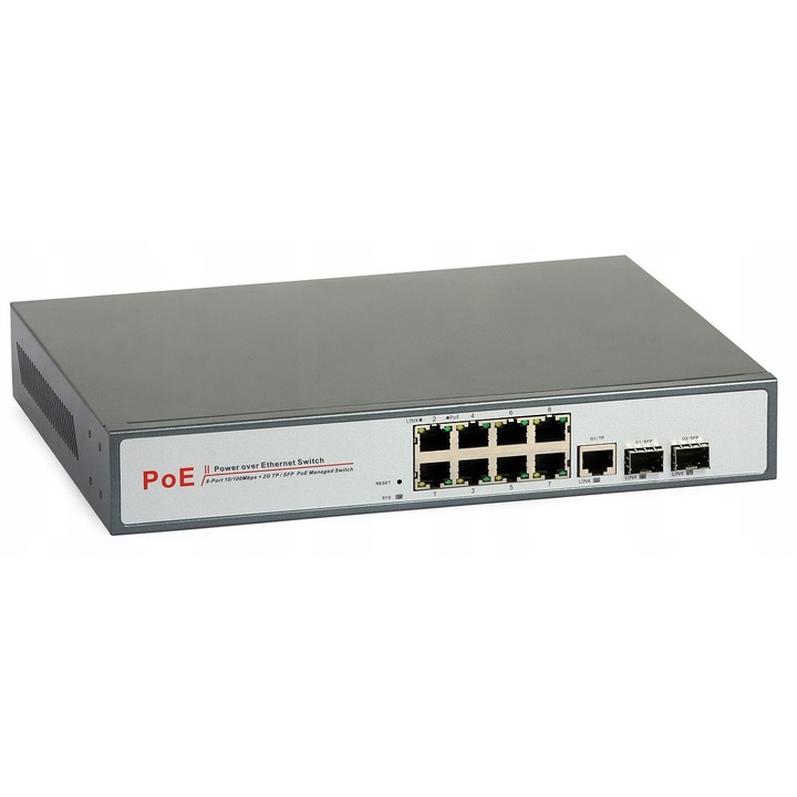 PoE комутатор ULTIPOWER 0288af, 8 RJ45 порта, 2 SFP слота, 1000Mb/s, 280x215x45mm