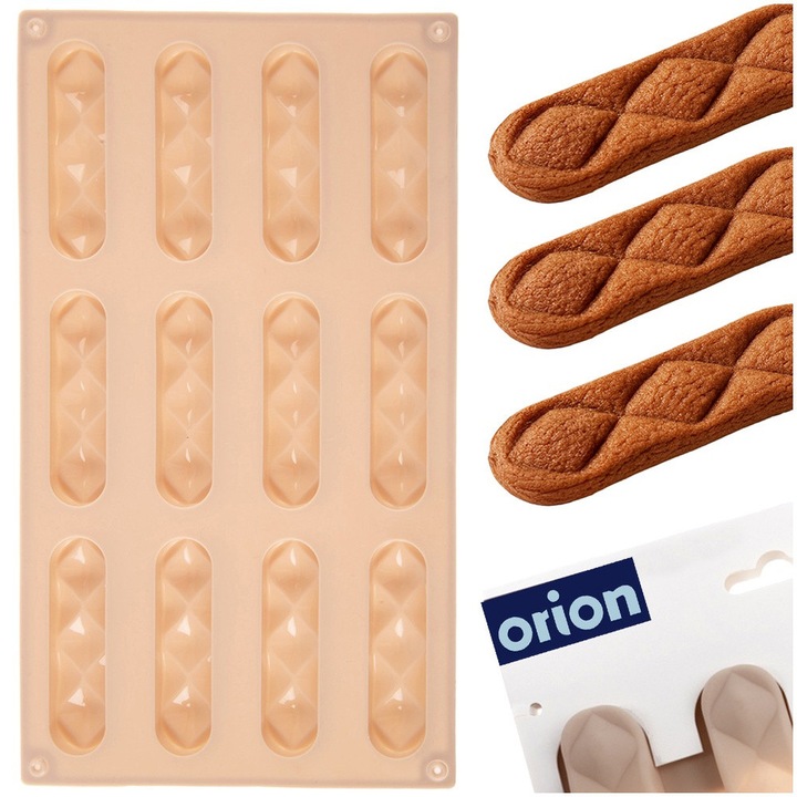 Formă pentru biscuiți și praline de ciocolată, Orion, 29.5x17x1.5 cm, silicon, bej, set 12 cavități dreptunghiulare alungite
