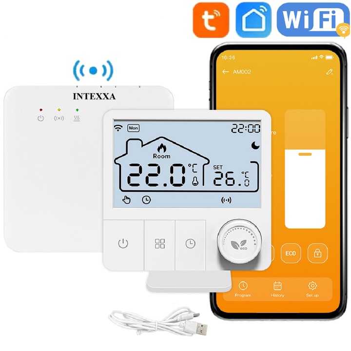 Termostat inteligent, INTEXXA, Wi-Fi, control vocal, alb, pentru centrale termice și încălzire în pardoseală