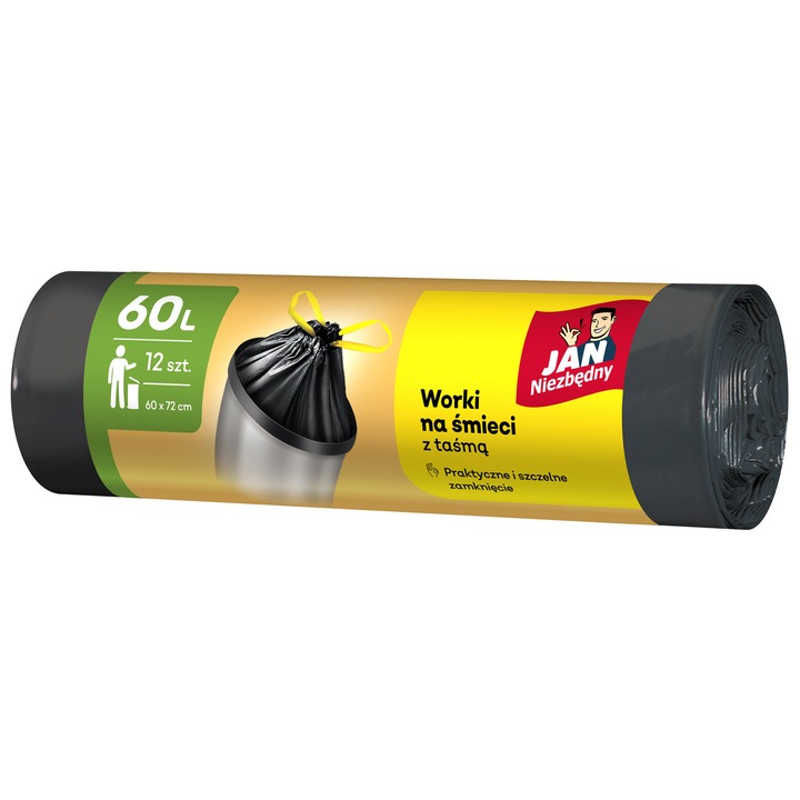 Saci de gunoi, Sarantis, 60l, 12 bucati, banda de inchidere, negri, material: plastic, durabili, rezistenti la abraziune