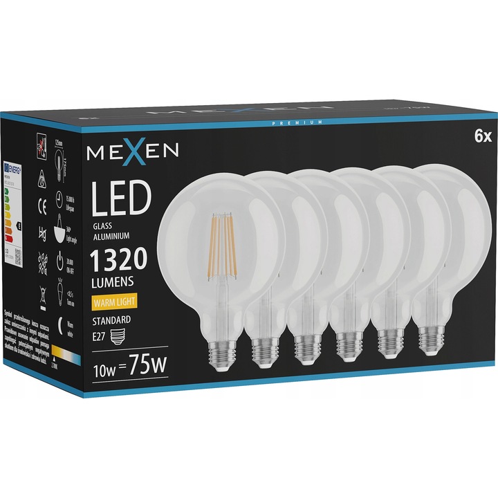 Bec LED Mexen Vintis 10W E27 G125 2700K 1320 LM transparent