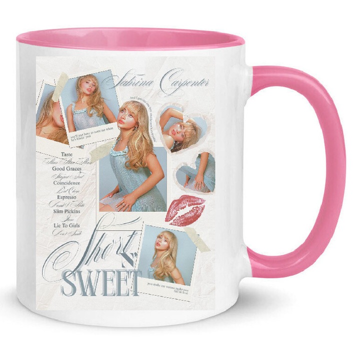 Cana ceramica 330ml Sabrina Carpenter no13, alb cu interior roz, design modern, rezistent la spalare in masina