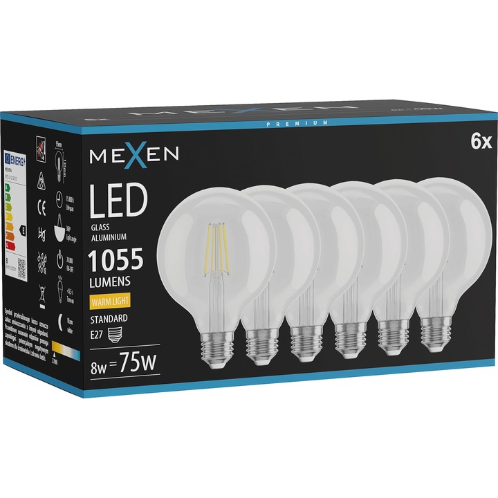 Bec LED Mexen Vintis E27 G95 8W 2700K 1055 LM transparent