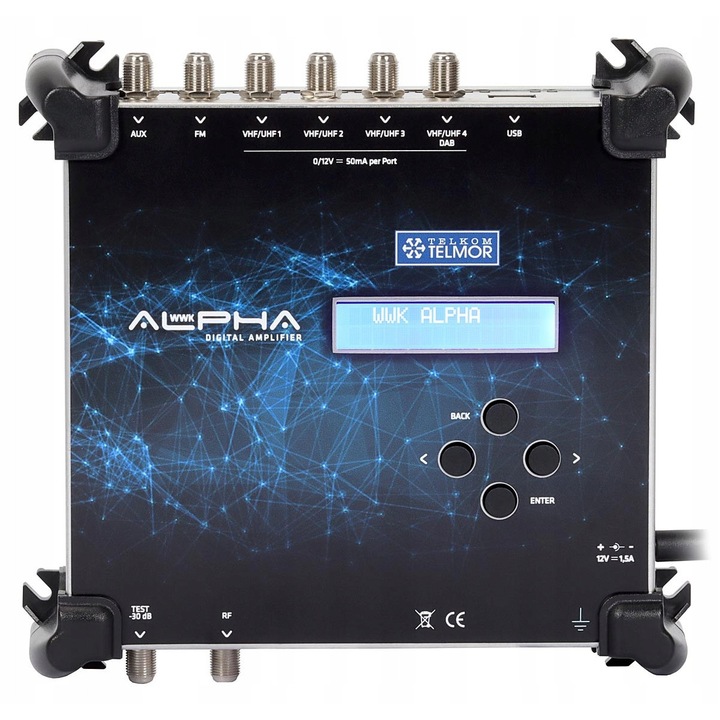 Amplificator de canal, Telkom-Telmor ALPHA, 4 intrari VHF/UHF, 1 intrare FM, 1 intrare AUX, 200x190x48mm, interior