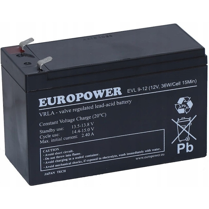 Akumulator AGM 12V 9Ah Europower EVL, dimensiuni 100x151x65mm, greutate 2.75kg