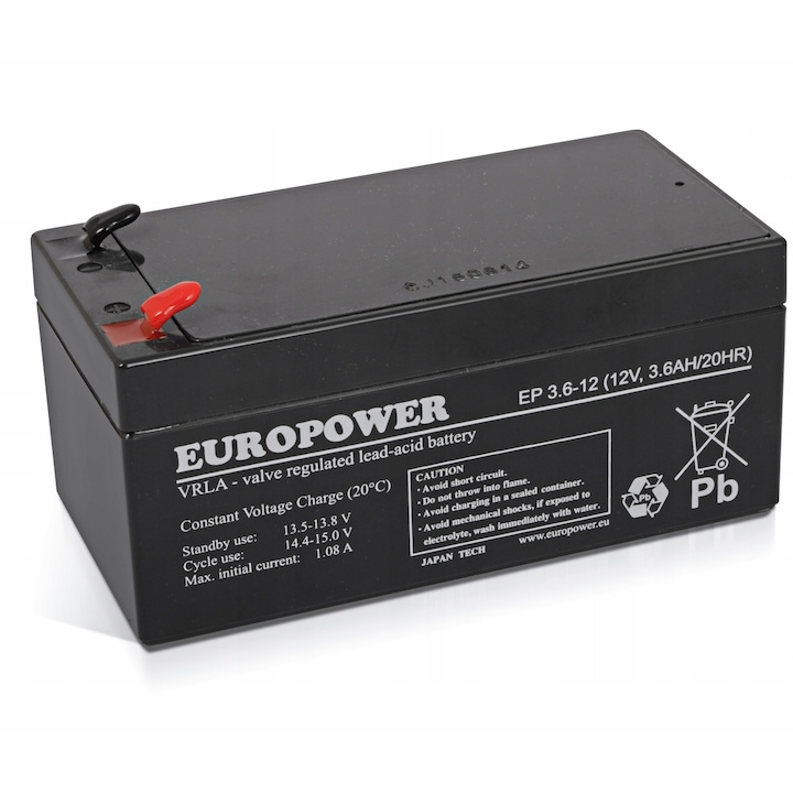 Akumulator AGM 12V 3.6Ah Europower pentru sisteme alarma si iluminat de urgenta, 60+6x134x67mm