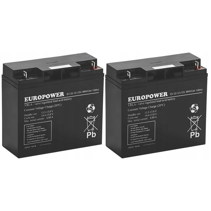 Set de acumulatori EUROPOWER RBC7 2x EV 22-12, 12V, 22Ah, tehnologie AGM, dimensiuni 166x181x76mm