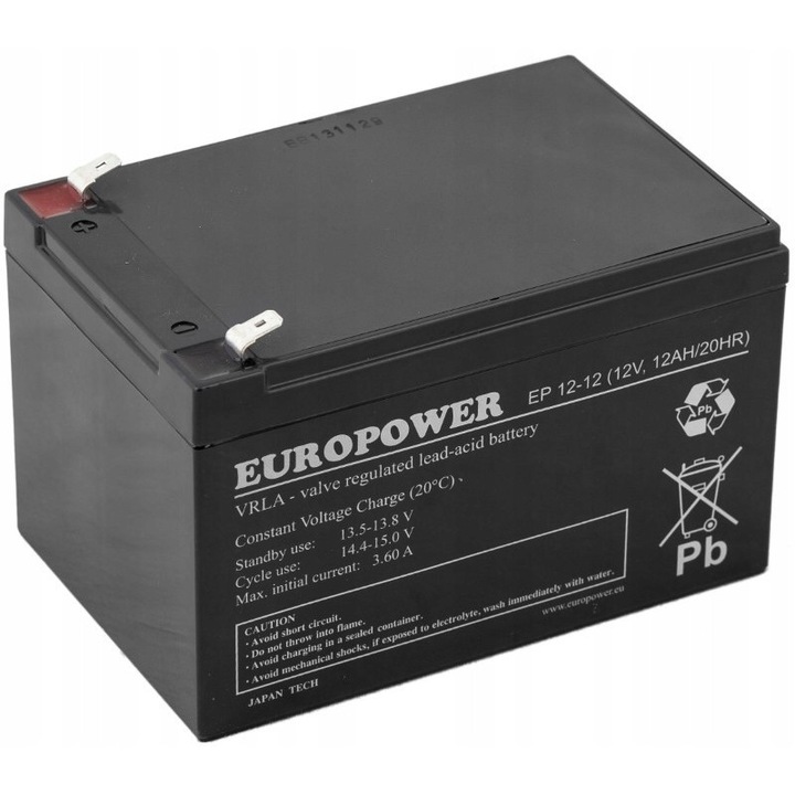 Acumulator AGM VRLA EUROPOWER EP 12Ah 12V, dimensiuni 94x151x98mm, T2 Faston, pentru UPS