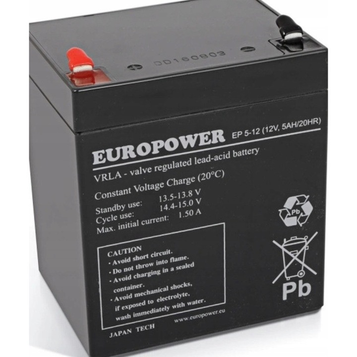 Acumulator AGM VRLA EUROPOWER EP 5-12, 12V, 5Ah, dimensiuni 102x90x70mm
