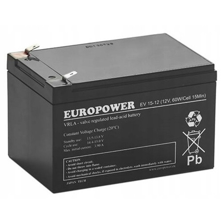 Acumulator EUROPOWER EV 12V 15Ah AGM, F2 T2, dimensiuni 94x151x98mm, greutate 4,2kg