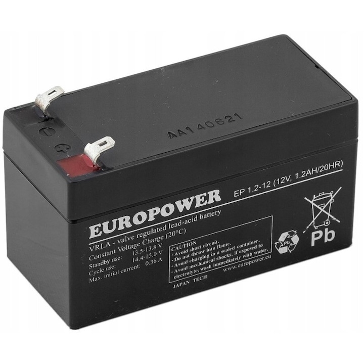Acumulator AGM EUROPOWER EP 1,2-12 12V 1,2Ah, fara intretinere, dimensiuni 53x97x45mm
