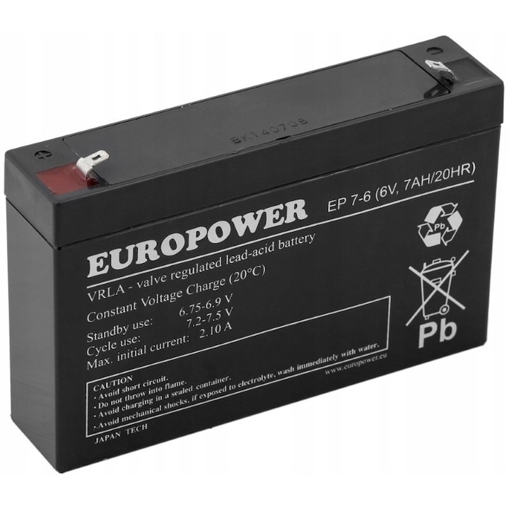 Acumulator AGM VRLA EUROPOWER EP 7-6, 6V, 7Ah, dimensiuni 94x151x34mm