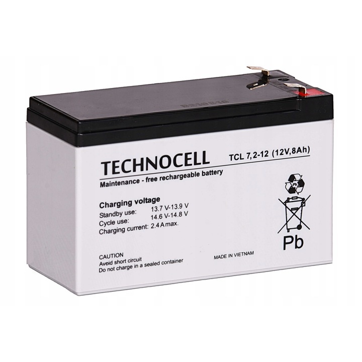 Acumulator AGM VRLA TECHNOCELL TCL 7,2-12 12V 8Ah, dimensiuni 151x65x100mm