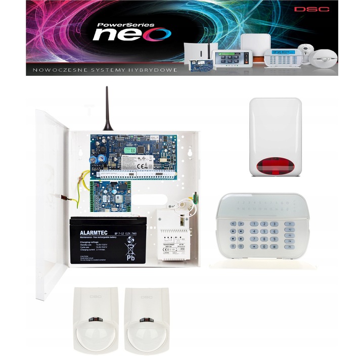 Riasztórendszer, DSC, komplett szett, 2 mozgásérzékelő, GSM, HS2016, HS2LED, fehér, méretek 280x290x80mm