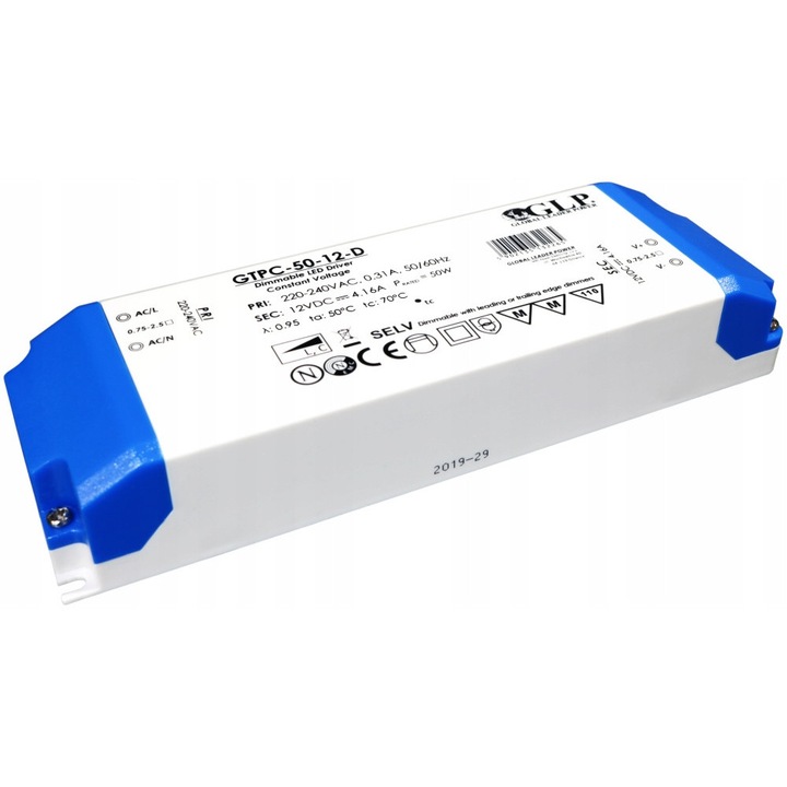 Захранване LED GLP GTPC-50-12D 12V 50W с димиране, 220-240V, 166x52x32mm