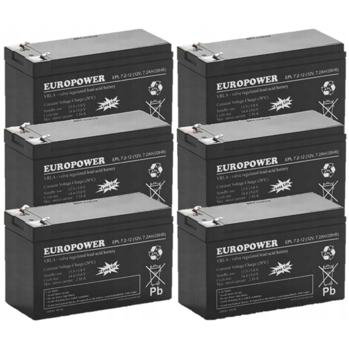 Set acumulatori Europower EPL 7,2-12, 6x, 12V, 7,2Ah, tehnologie AGM, dimensiuni 98x151x65mm